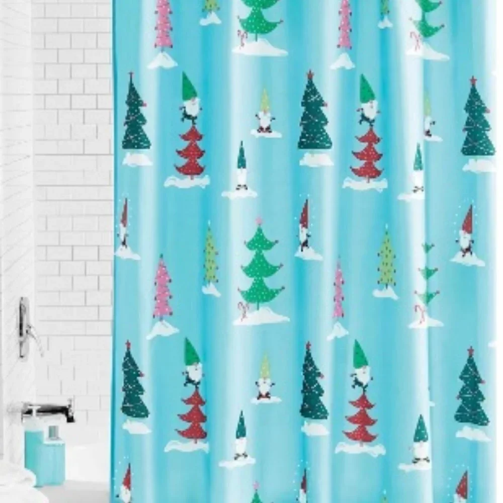 Holiday Time CHRISTMAS TREES AND GNOMES Fabric Shower Curtain – 72” x 72”